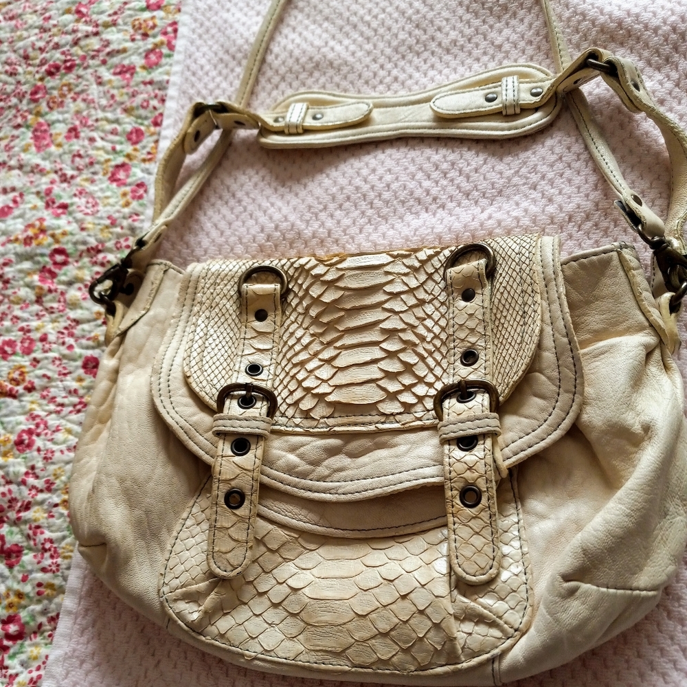 ABACO PARIS Ivory Beige Snakeskin Chain Crossbody